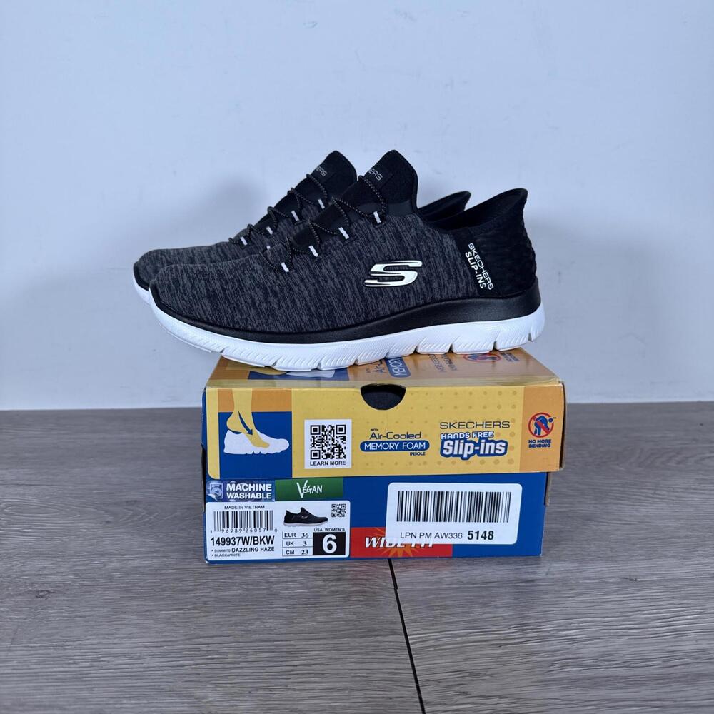 Women's Size 6 Skechers Slip-Ins Summits Dazzling Haze Sneakers - Black/White